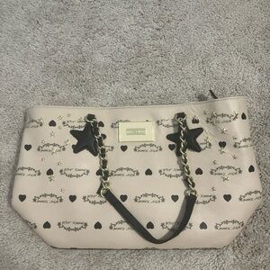 Betsey Johnson Cream and Black Shoulder Bag with stars, hearts & Monogram Design